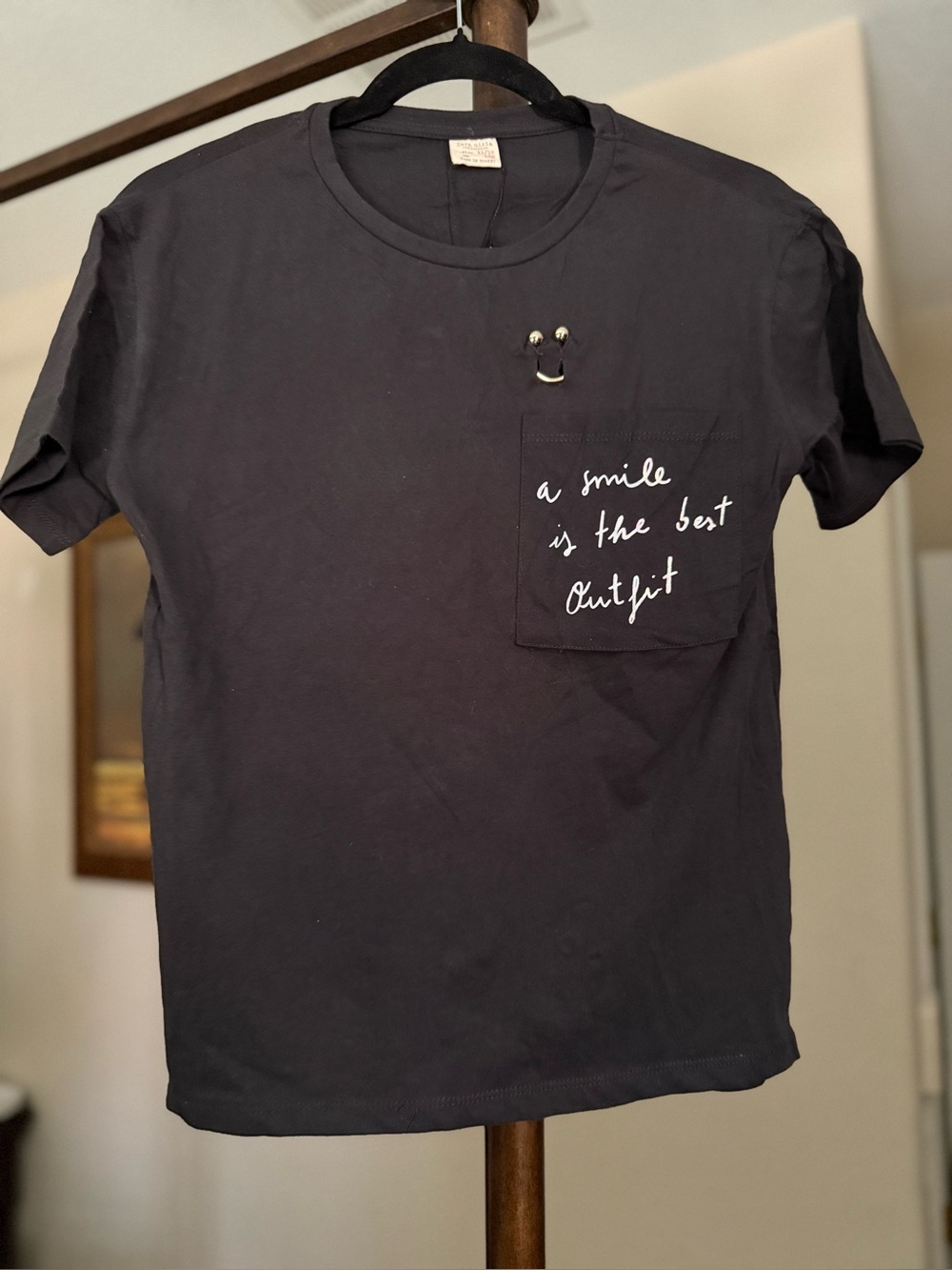 Zara Kids Black Short Sleeve Pocket Tee with Holographic Script